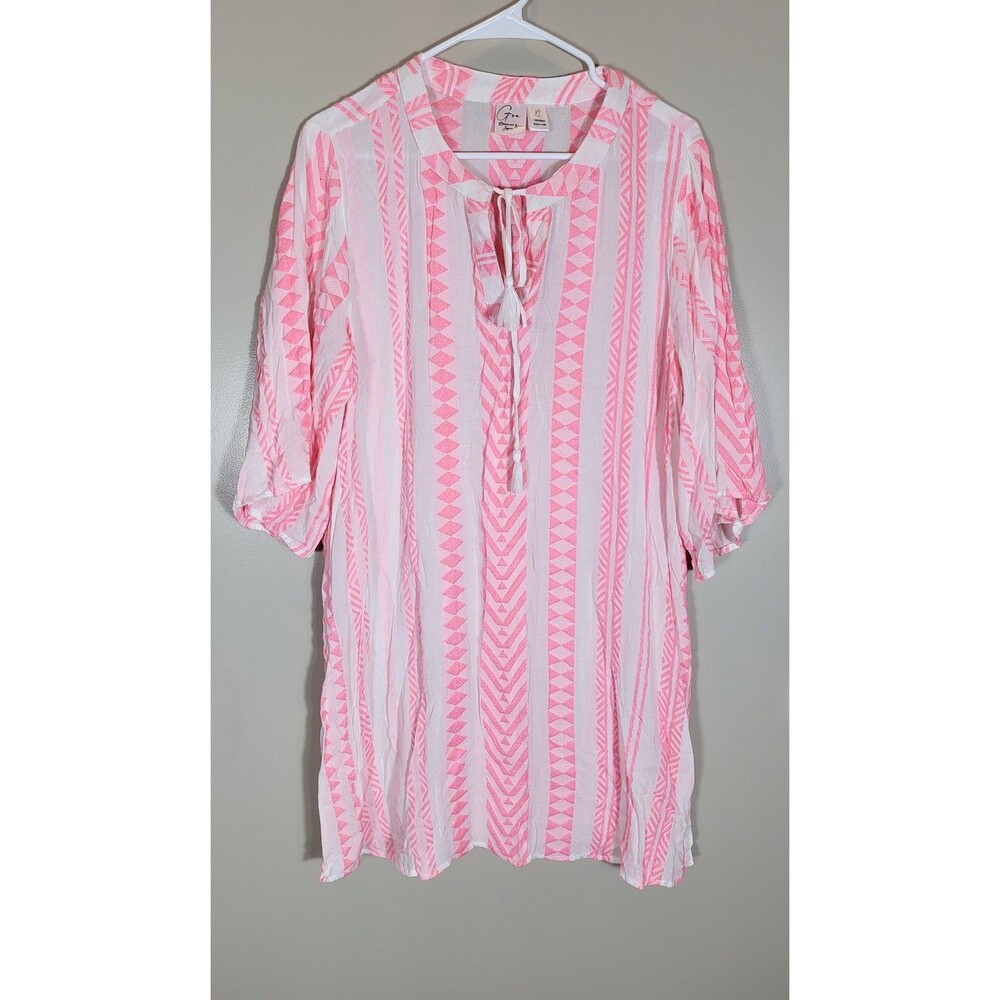 Goa Beachwear by Japna Pink White Tunic Dress XL Boho Coastal Resort
